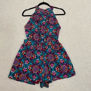 Free People Coral Tides Wine Bright floral Halter Neck Mini
Romper Sz S
